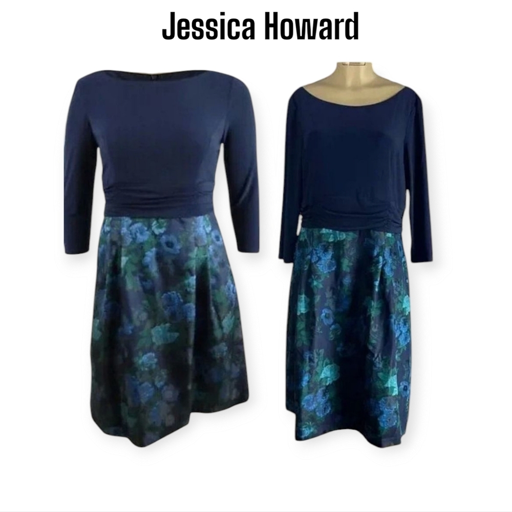 (60% OFF) NWT Jessica Howard Solid & Floral Midi Dress in Navy Blue 14 MSRP $130